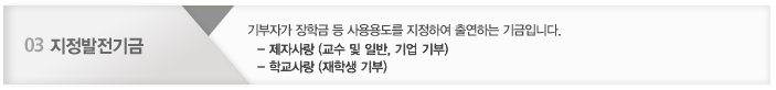 03. 지정발전기금 : 기부자가 장학금 등 사용용도를 지정하여 출연하는 기금입니다.