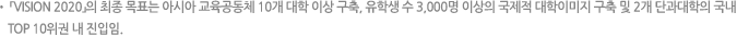 「VISION 2020」의 최종 목표는 아시아 교육공동체 10개 대학 이상 구축, 유학생 수 3,000명 이상의 국제적 대학이미지 구축 및 2개 단과대학의 국내 TOP 10위권 내 진입임.