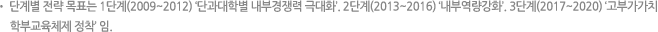 단계별 전략 목표는 1단계(2009~2012) ‘단과대학별 내부경쟁력 극대화’. 2단계(2013~2016) ‘내부역량강화’. 3단계(2017~2020) ‘고부가가치 학부교육체제 정착’ 임.