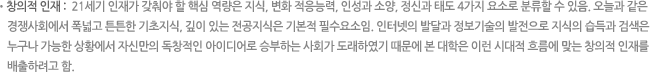 창의적 인재 : 21세기 인재가 갖춰야 할 핵심 역량은 지식, 변화 적응능력, 인성과 소양, 정신과 태도 4가지 요소로 분류할 수 있음. 오늘과 같은 경쟁사회에서 폭넓고 튼튼한 기초지식, 깊이 있는 전공지식은 기본적 필수요소임. 인터넷의 발달과 정보기술의 발전으로 지식의 습득과 검색은 누구나 가능한 상황에서 자신만의 독창적인 아이디어로 승부하는 사회가 도래하였기 때문에 본 대학은 이런 시대적 흐름에 맞는 창의적 인재를 배출하려고 함.