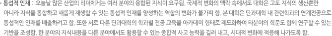 통섭적 인재 : 오늘날 많은 산업의 리더에게는 여러 분야의 융합된 지식이 요구됨. 국제적 변화의 맥락 속에서도 대학은 고도 지식의 생산뿐만 아니라 지식을 통합하고 새롭게 재생할 수 잇는 통섭적 인재를 양성하는 역할의 변화가 불가피 함. 본 대학은 단과대학 내 관련학과의 연계전공으로 통섭적인 인재를 배출하려고 함. 또한 서로 다른 단과대학의 학과별 전공 교육을 아카데미 형태로 제도화하여 타분야의 학문도 함께 연구할 수 있는 기반을 조성함. 한 분야의 지식내용을 다른 분야에서도 활용할 수 있는 종합적 사고 능력을 길러 내고, 시대적 변화에 적응해 나가도록 함.