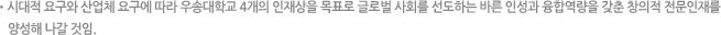 시대적 요구와 산업체 요구에 따라 우송대학교 4개의 인재상을 목표로 글로벌 사회를 선도하는 바른 인성과 융합역량을 갖춘 창의적 전문인재를 양성해 나갈 것임.
