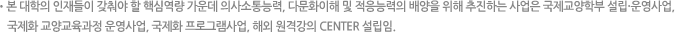 본 대학의 인재들이 갖춰야 할 핵심역량 가운데 의사소통능력, 다문화이해 및 적응능력의 배양을 위해 추진하는 사업은 국제교양학부 설립·운영사업, 국제화 교양교육과정 운영사업, 국제화 프로그램사업, 해외 원격강의 CENTER 설립임.